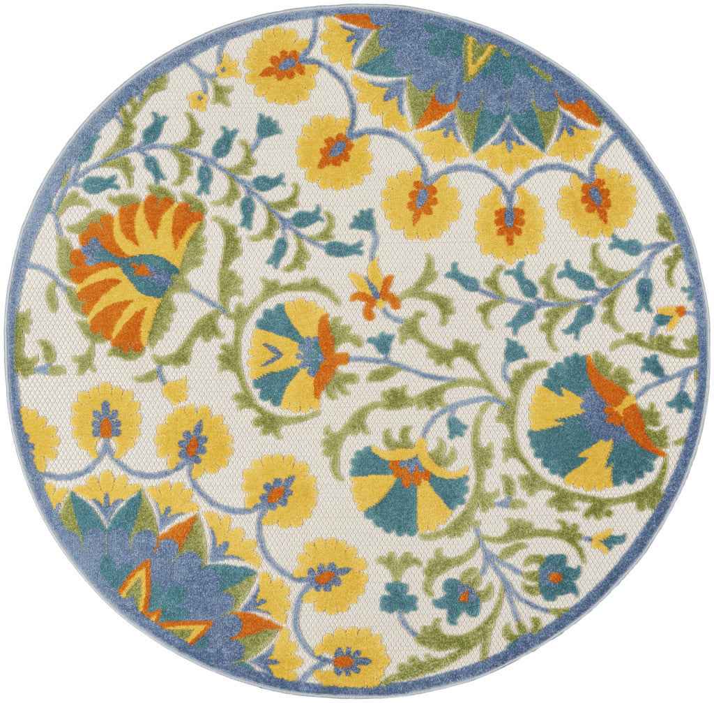 5' X 5' Ivory And Blue Round Floral Indoor Outdoor Area Rug