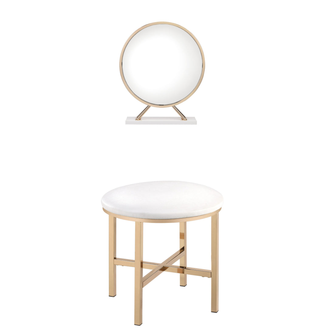 Set of Two Gold Metal And Faux Leather Round Freestanding Makeup Mirror And Stool - Bed & Bath