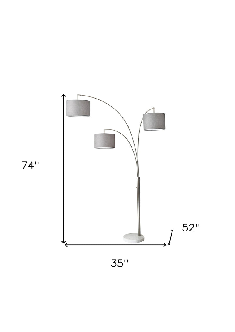 74" Silver Three Light Adjustable Tree Floor Lamp With Gray Linen Drum Shade - Lighting
