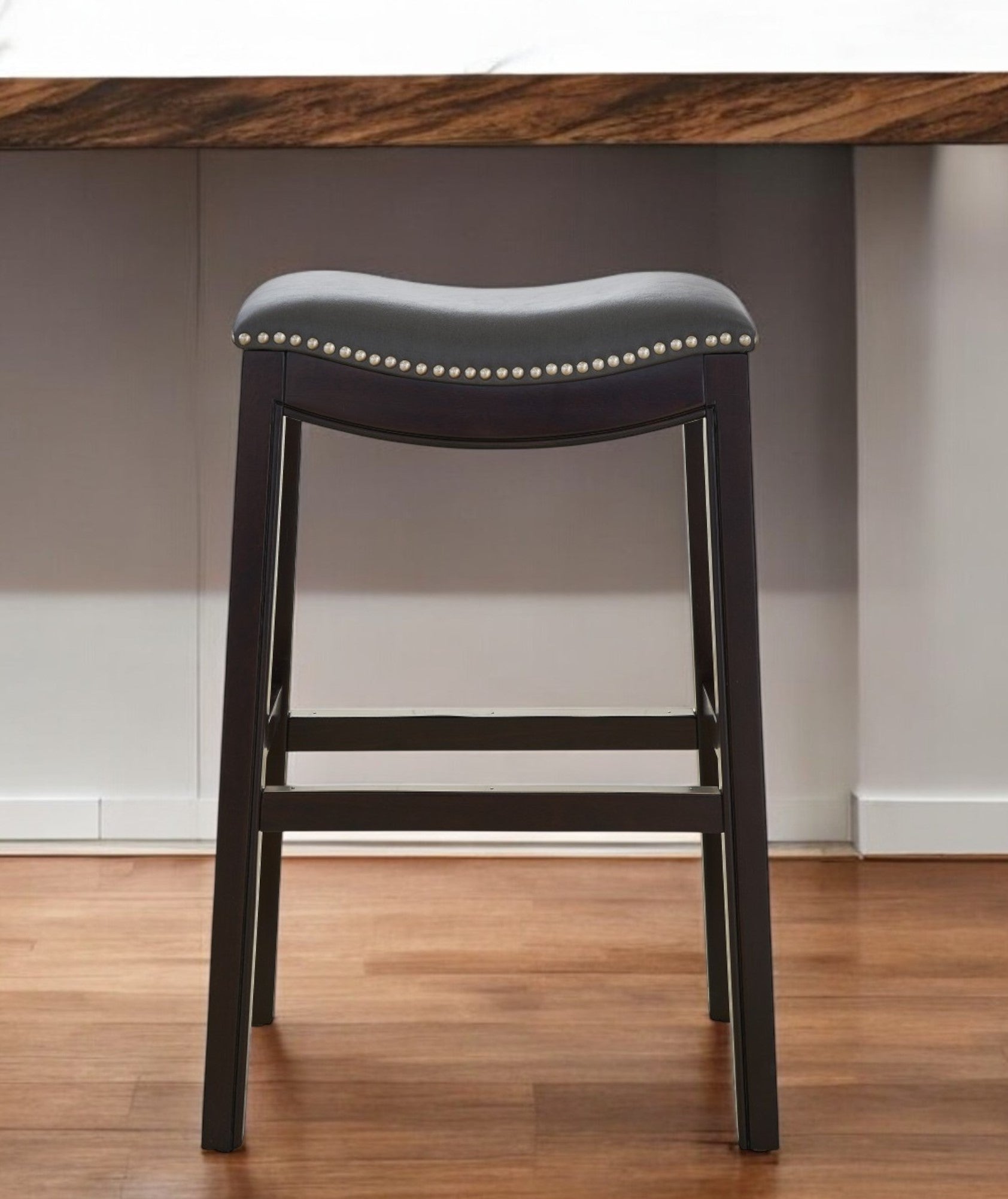 31" Gray and Espresso Faux Leather and Solid Wood Backless Bar Height Bar Chair Default Title