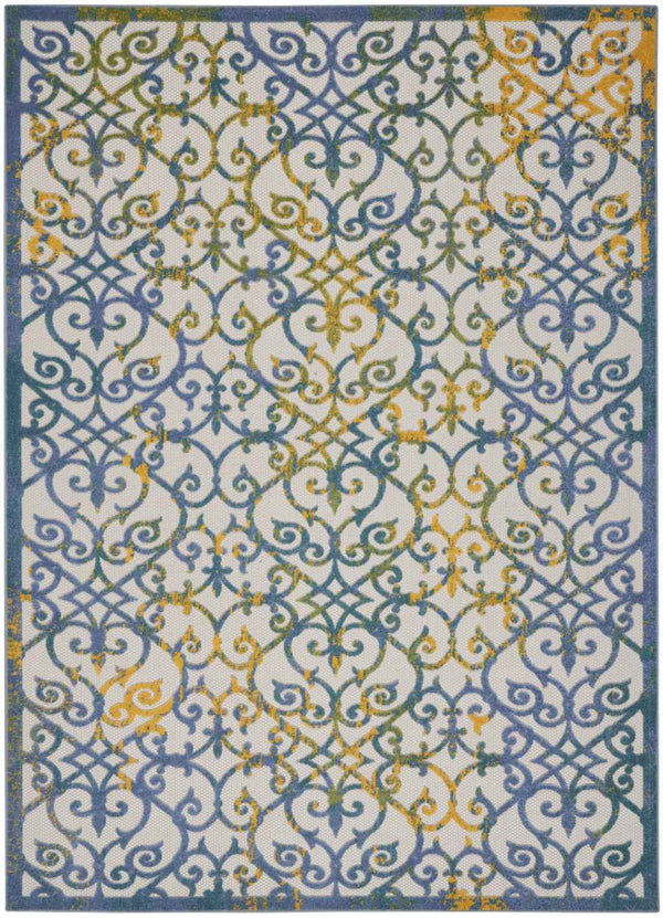 7' X 10' Ivory And Blue Indoor Outdoor Area Rug Default Title