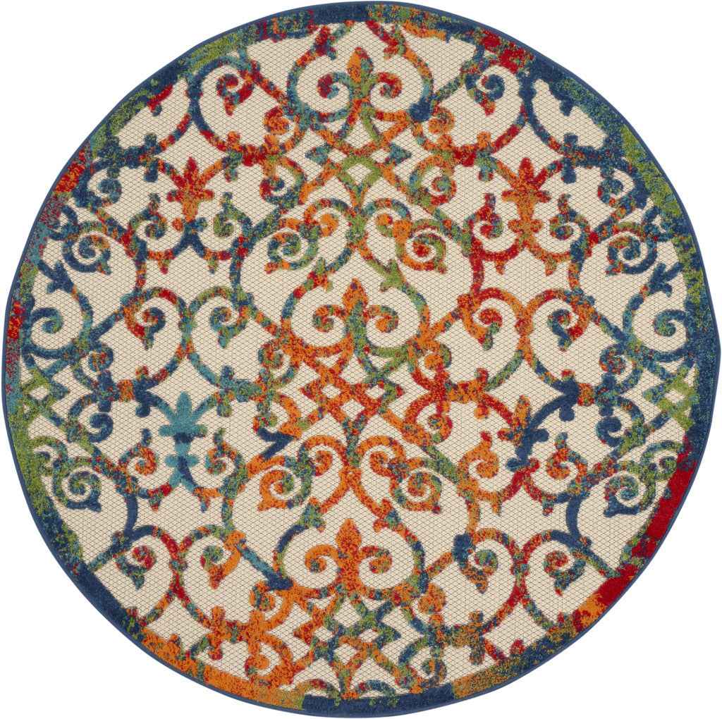 5' Ivory And Blue Round Indoor Outdoor Area Rug