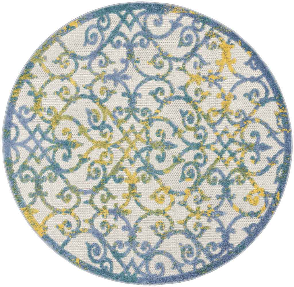 5' Ivory And Blue Round Indoor Outdoor Area Rug