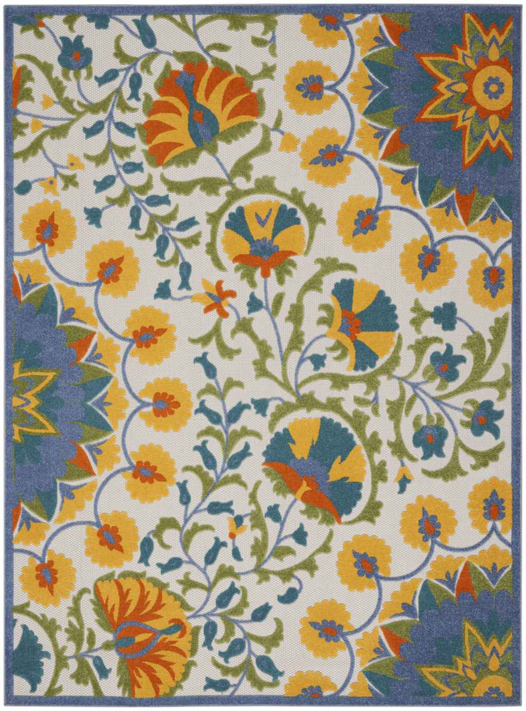 8' X 11' Ivory And Blue Floral Indoor Outdoor Area Rug