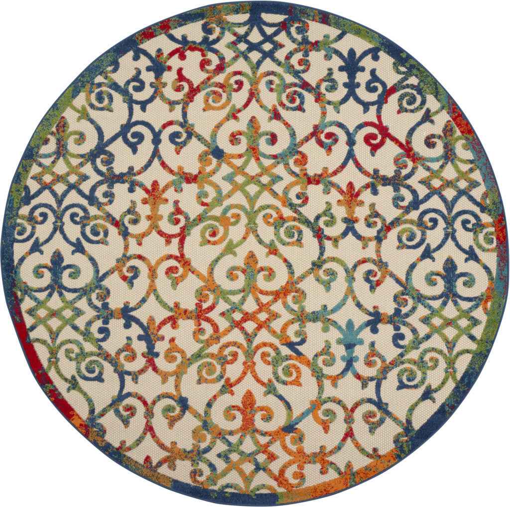 8' Ivory And Blue Round Indoor Outdoor Area Rug