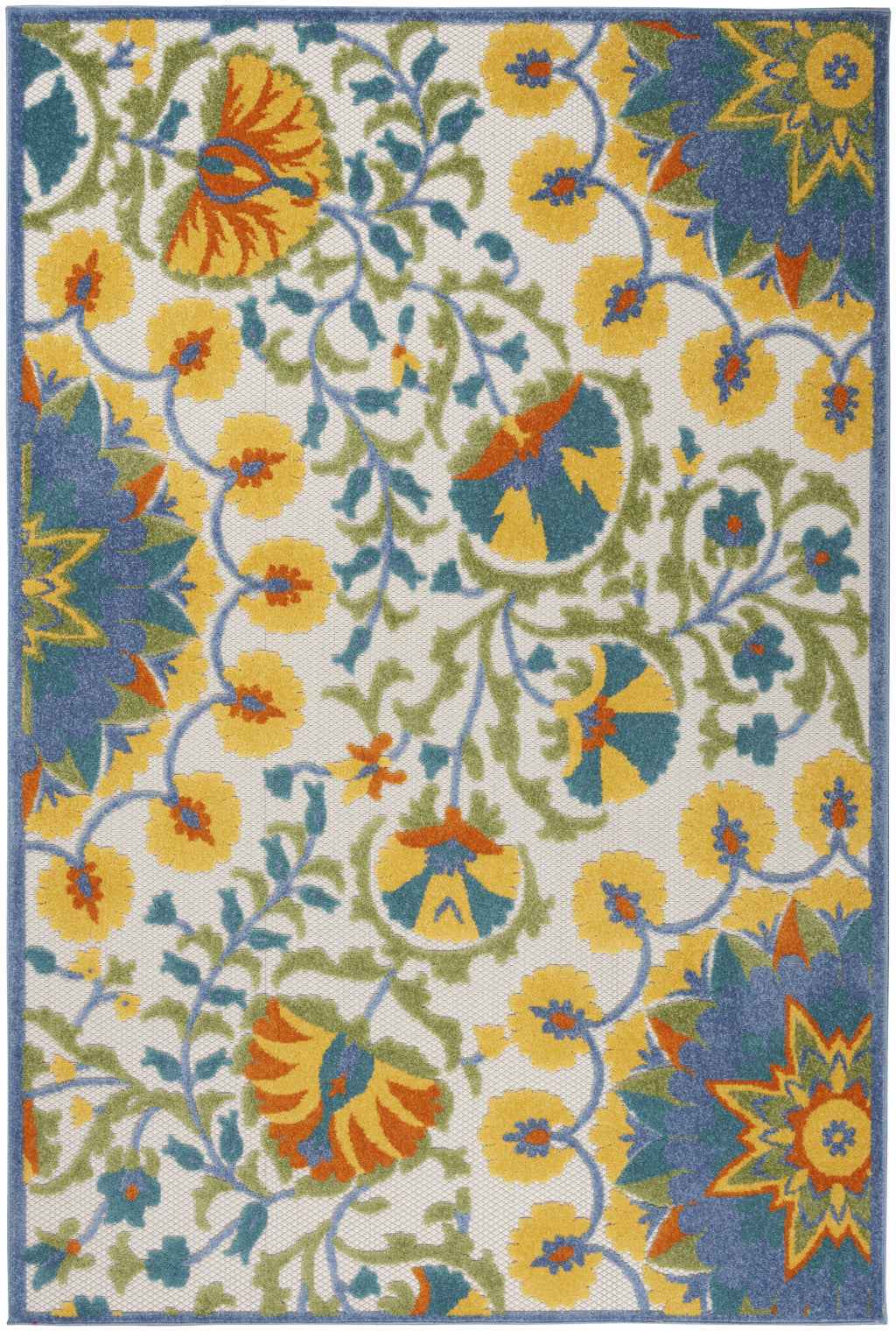 5' X 8' Ivory And Blue Floral Indoor Outdoor Area Rug