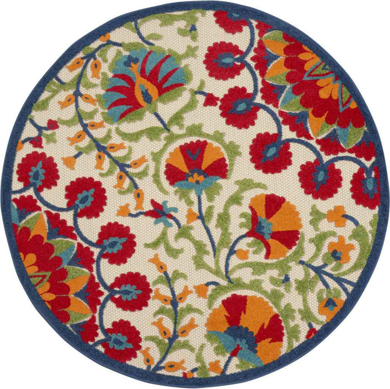 5' Round Red And Ivory Round Floral Indoor Outdoor Area Rug
