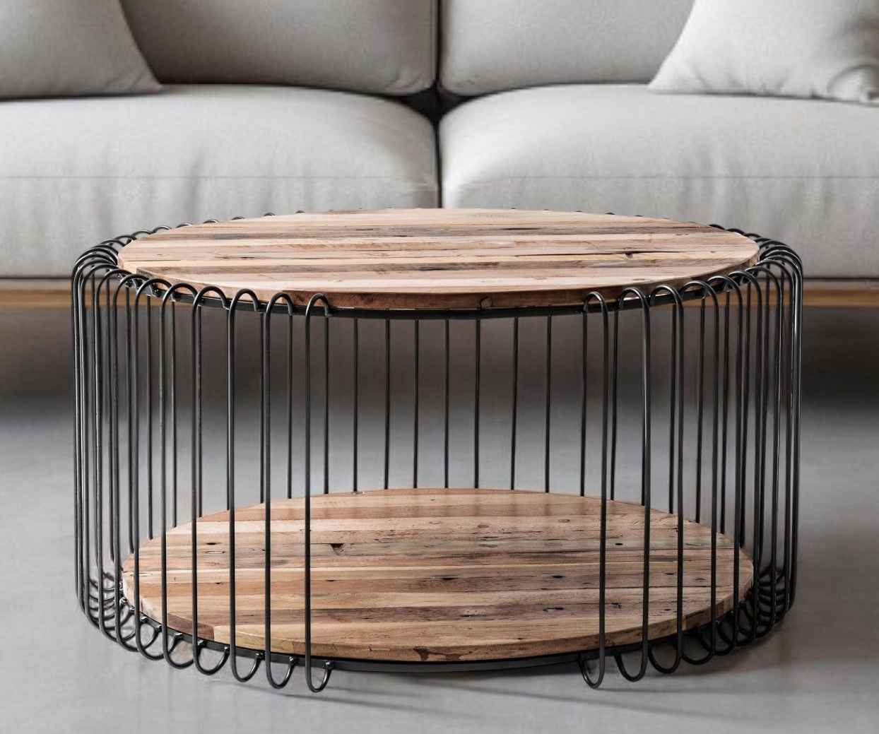 32" Natural And Black Solid Wood And Steel Round Coffee Table With Shelf