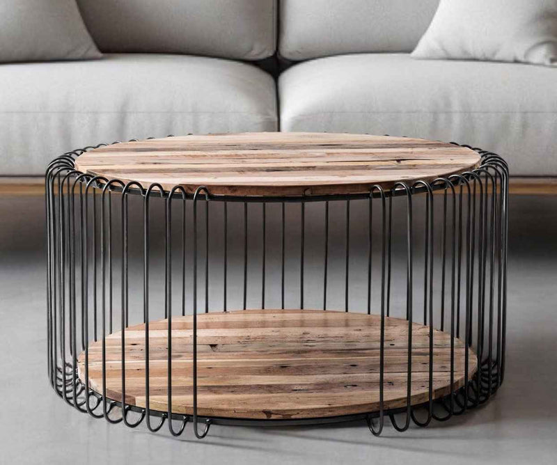 32" Natural And Black Solid Wood And Steel Round Coffee Table With Shelf