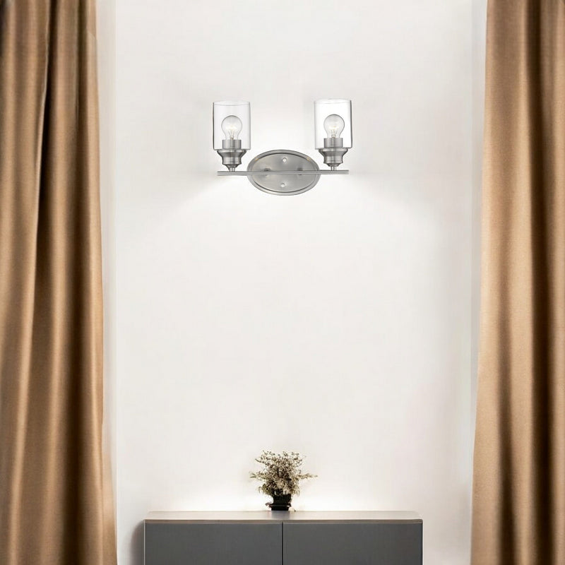 Two Light Silver Wall Light with Clear Glass Shade