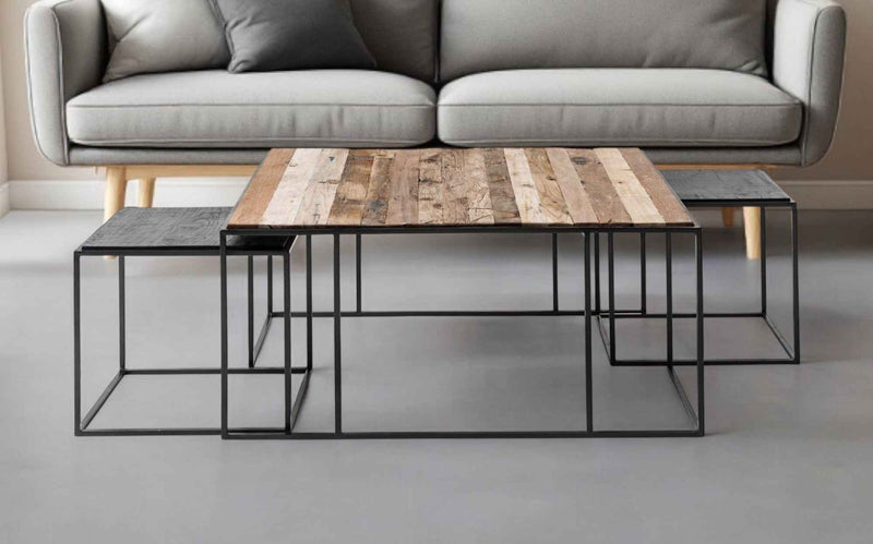 Set of Three 39" Brown And Black Solid Wood And Iron Square Nested Coffee Tables