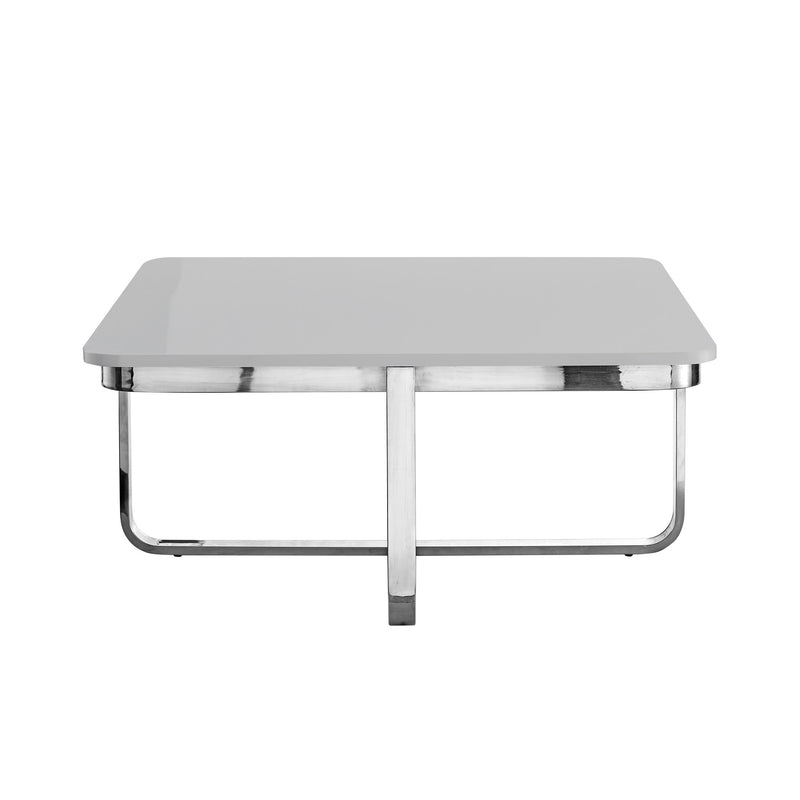 Square coffee table with light gray top and glossy silver metal base