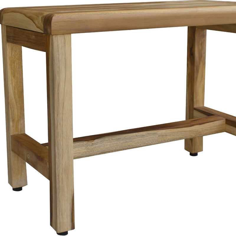 Natural teak outdoor bench with built-in shelf and sturdy legs, corner view.