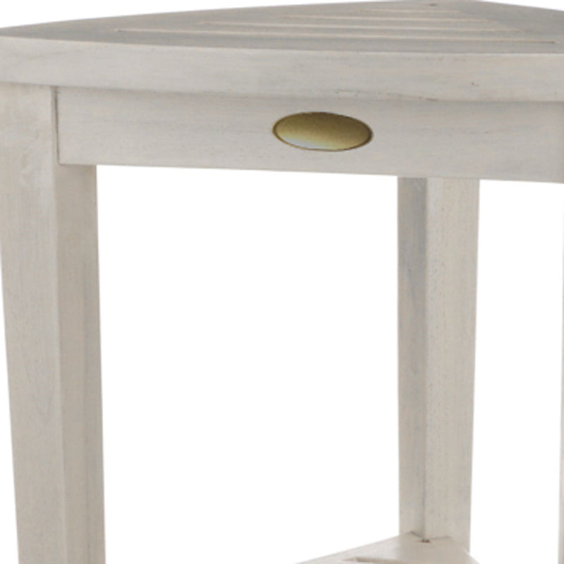 Compact Teak Corner Shower Stool With Shelf In Whitewash Finish - Bed & Bath