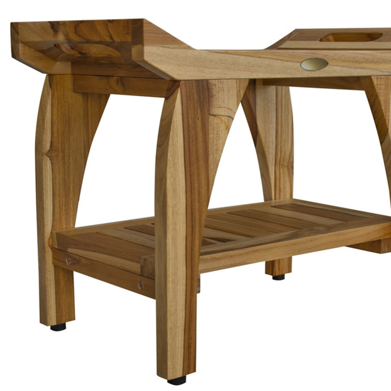 Compact natural teak shower bench with slatted seat, lower shelf, and center drain hole