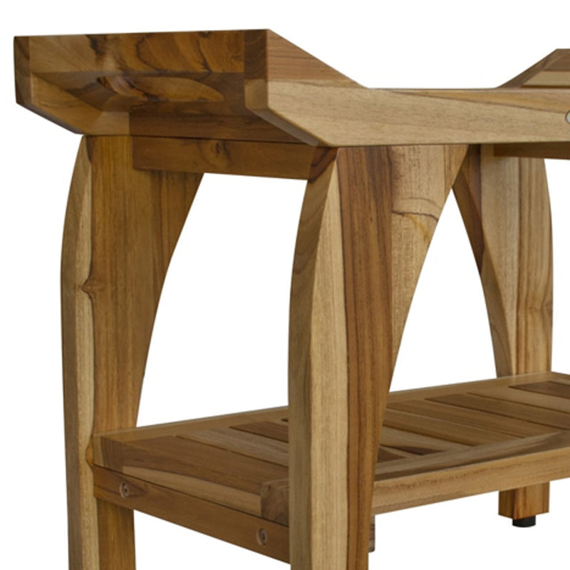 Teak shower bench corner detail with slatted lower shelf and rounded handle cutouts