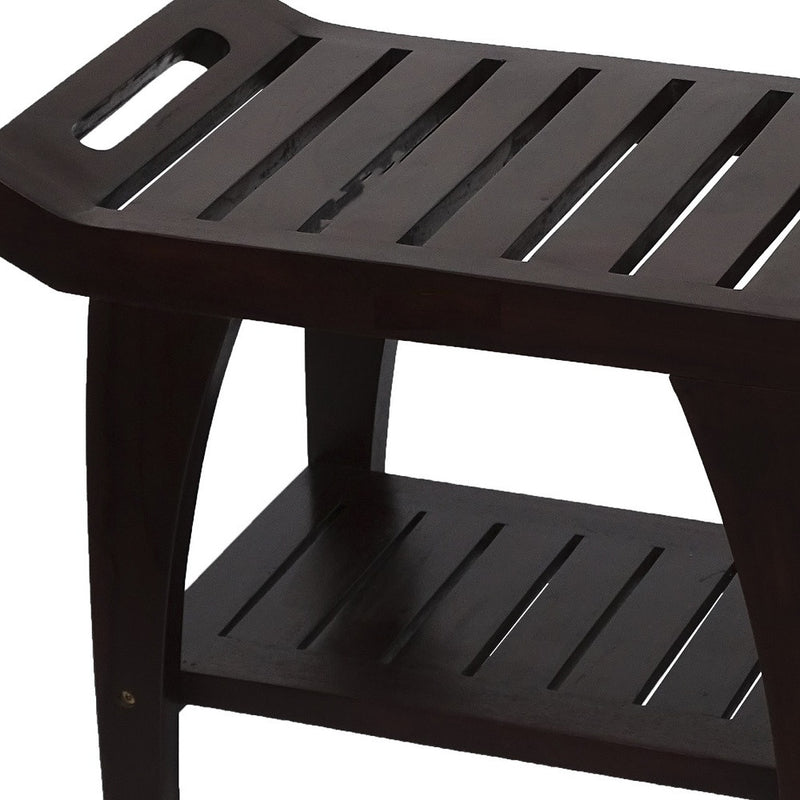 Contemporary Teak Shower Bench With Shelf And Handles In Brown Finish - Bed & Bath