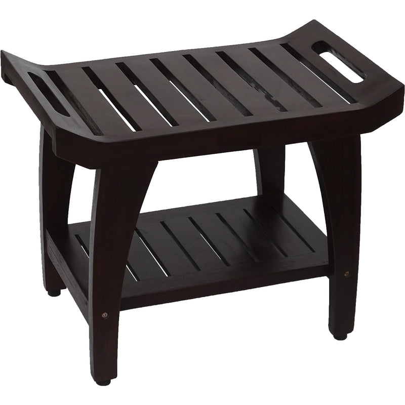 Contemporary Teak Shower Bench With Shelf And Handles In Brown Finish - Bed & Bath