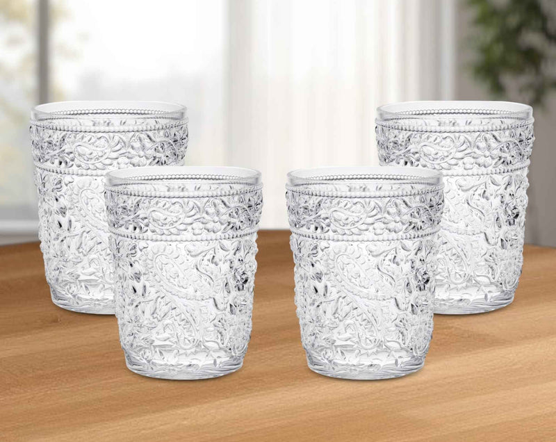 Set of Four Clear Paisley Acrylic Stemless Whiskey Glass