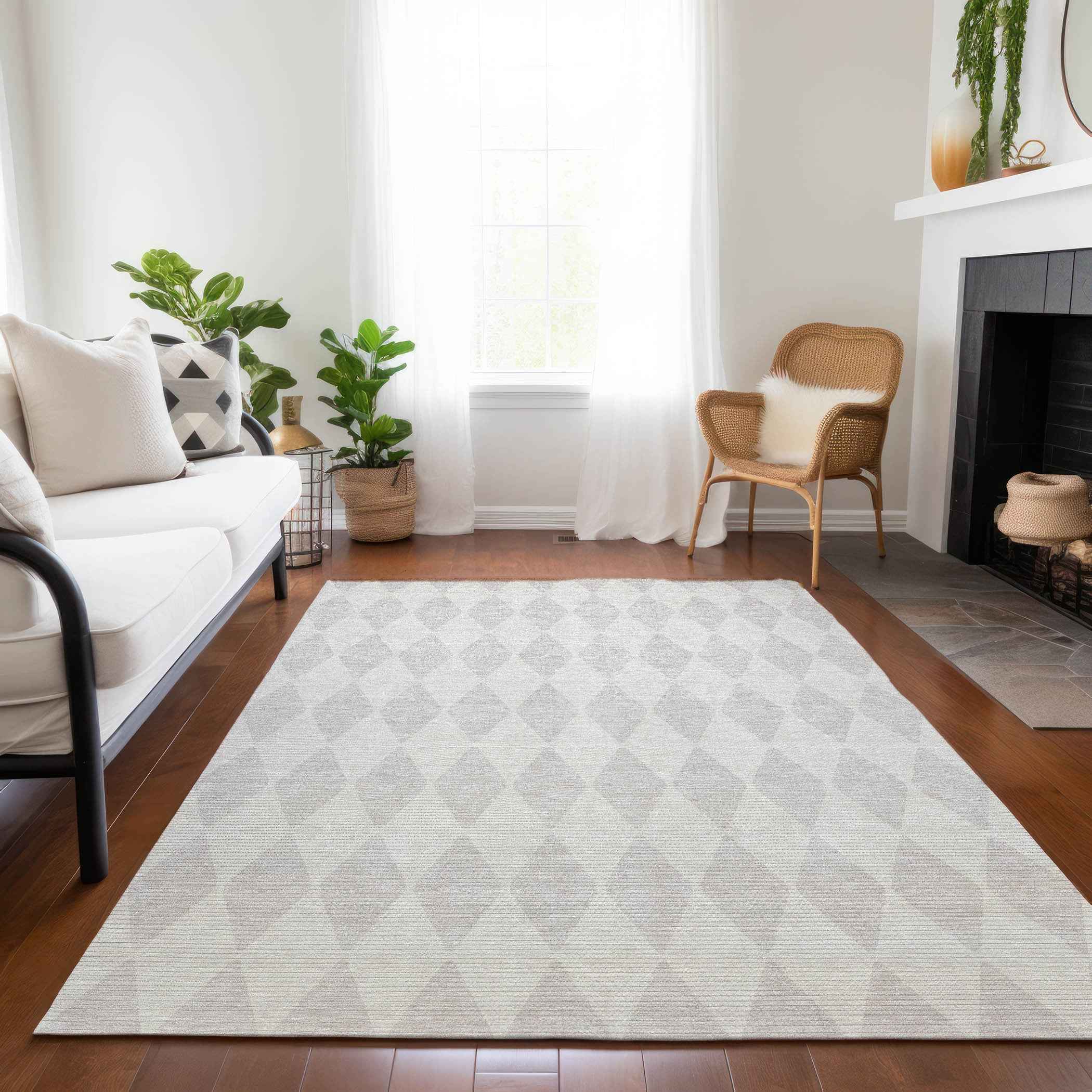 5' X 8' Ivory And Beige Geometric Washable Indoor Outdoor Area Rug