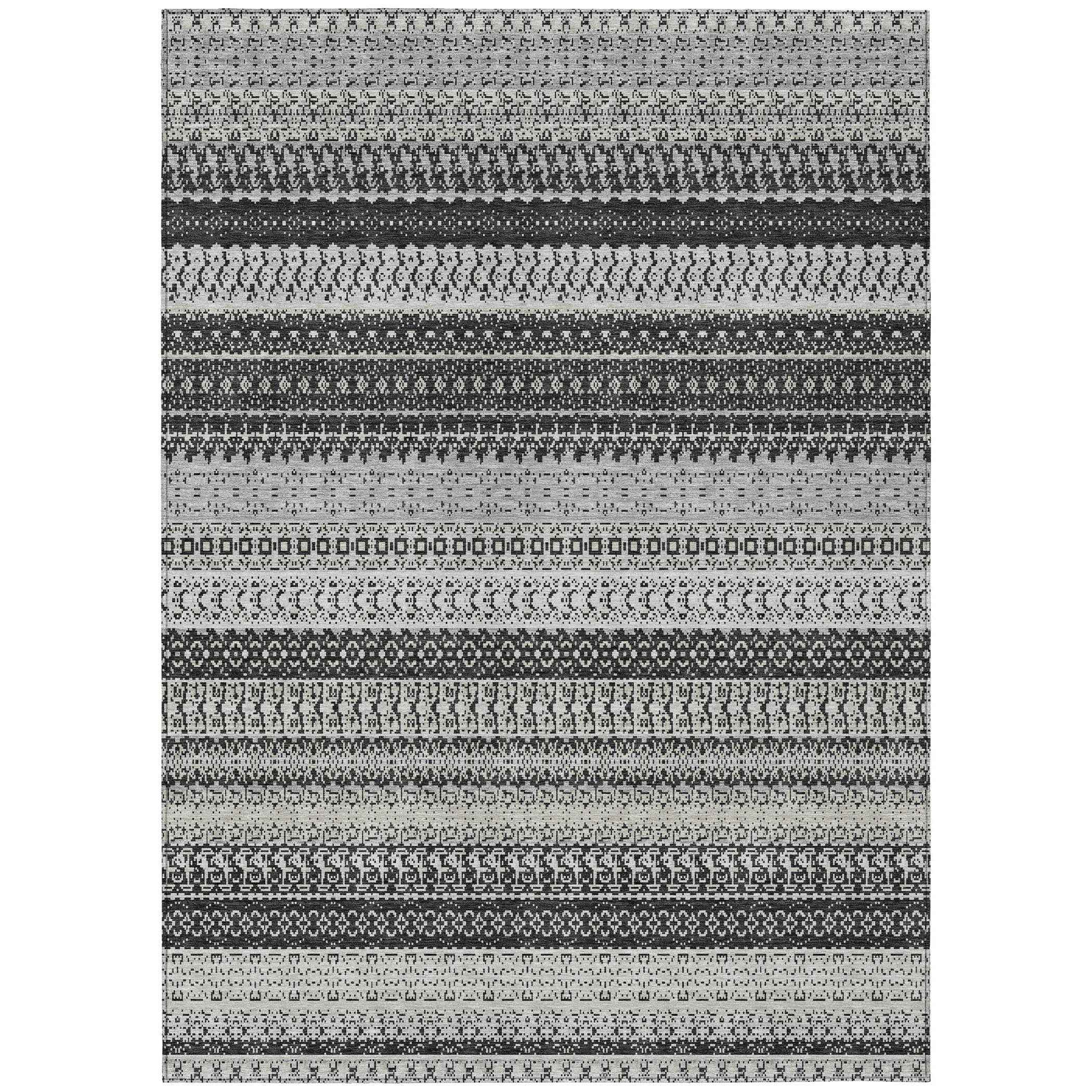 10' X 14' Black Striped Washable Indoor Outdoor Area Rug