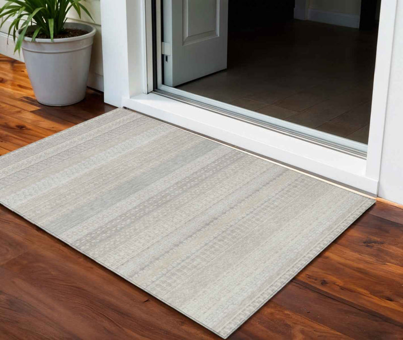 3' X 5' Ivory Striped Washable Indoor Outdoor Area Rug