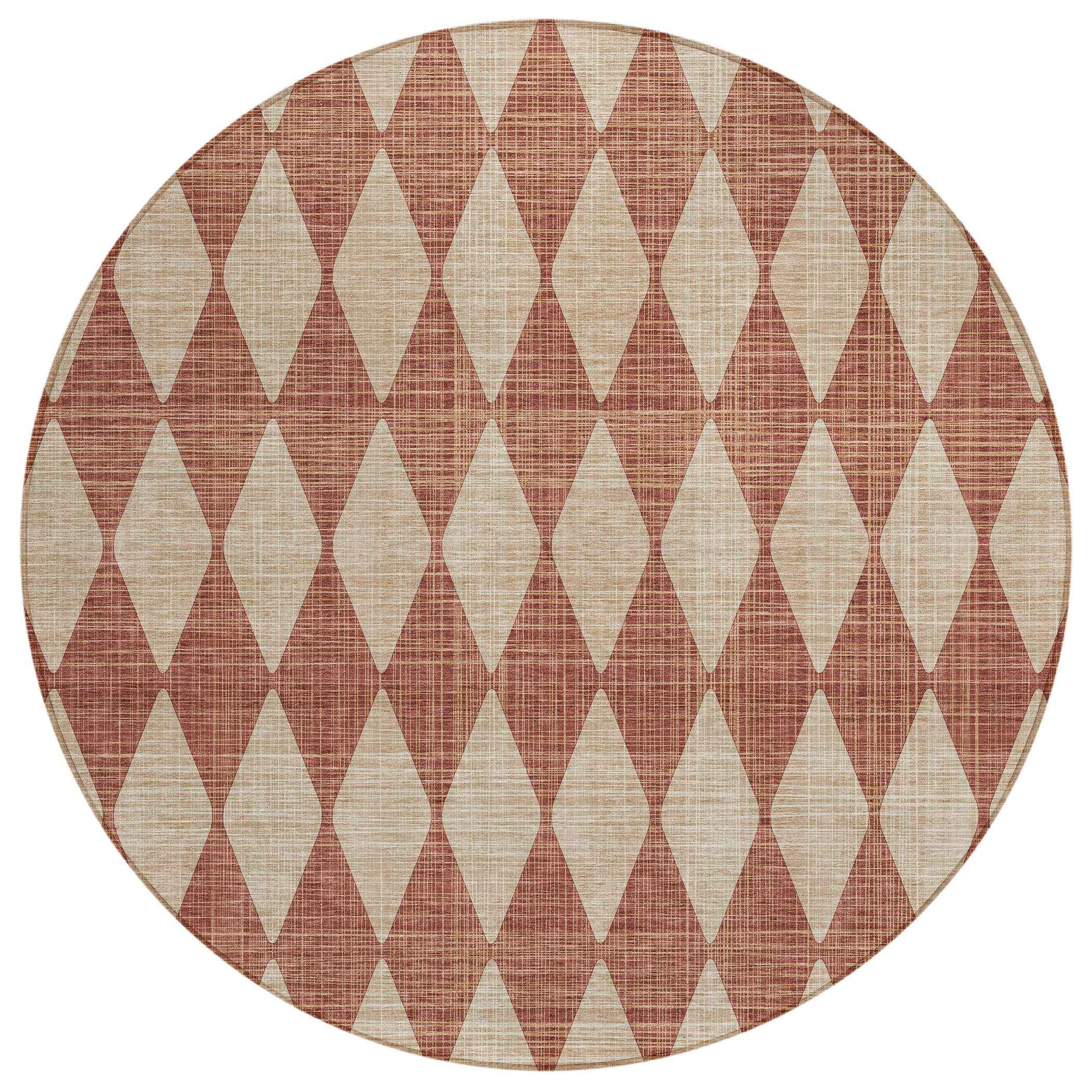 8' Orange And Copper Round Geometric Washable Indoor Outdoor Area Rug