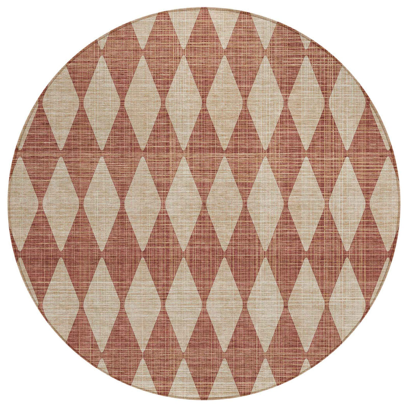 8' Orange And Copper Round Geometric Washable Indoor Outdoor Area Rug