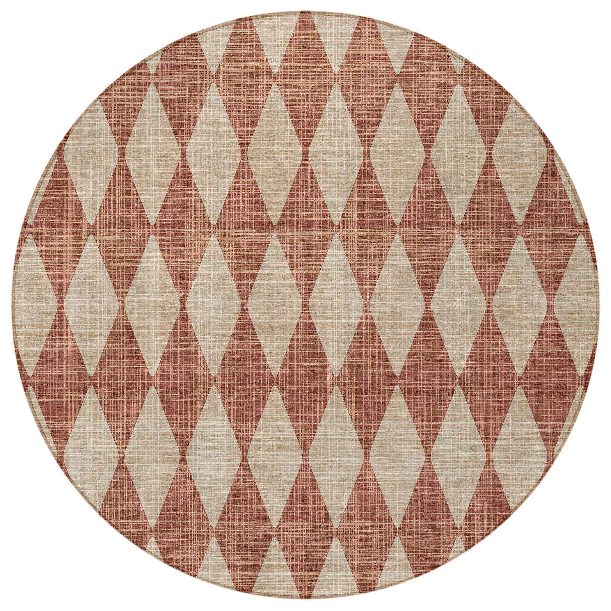 8' Orange And Copper Round Geometric Washable Indoor Outdoor Area Rug