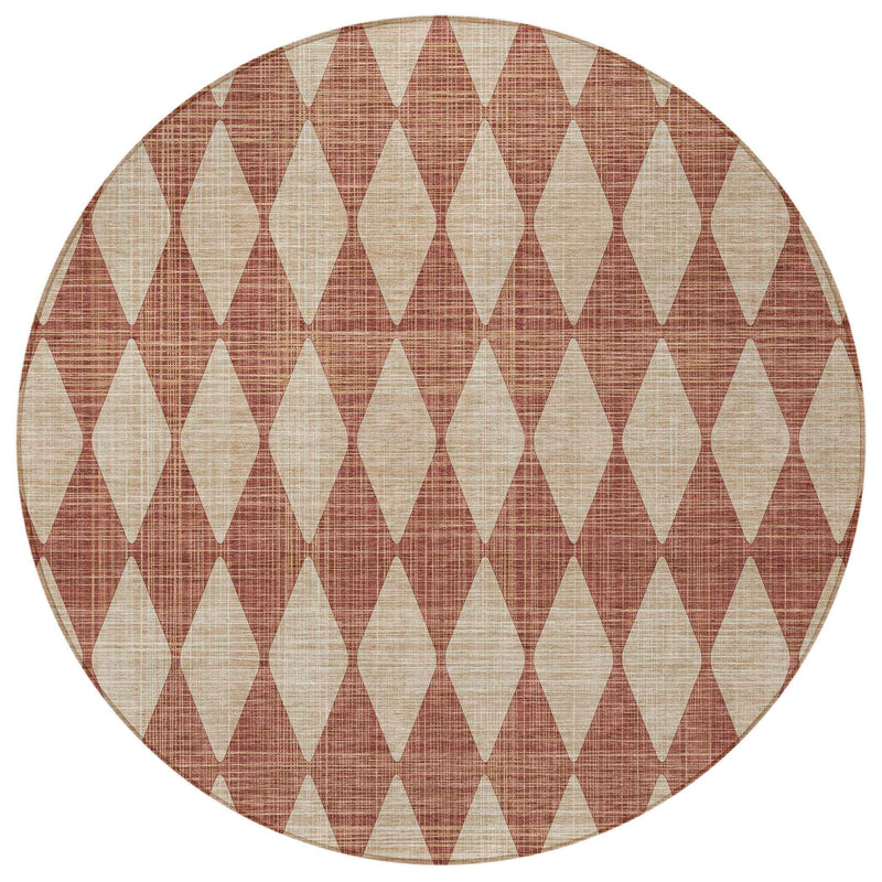 8' Orange And Copper Round Geometric Washable Indoor Outdoor Area Rug