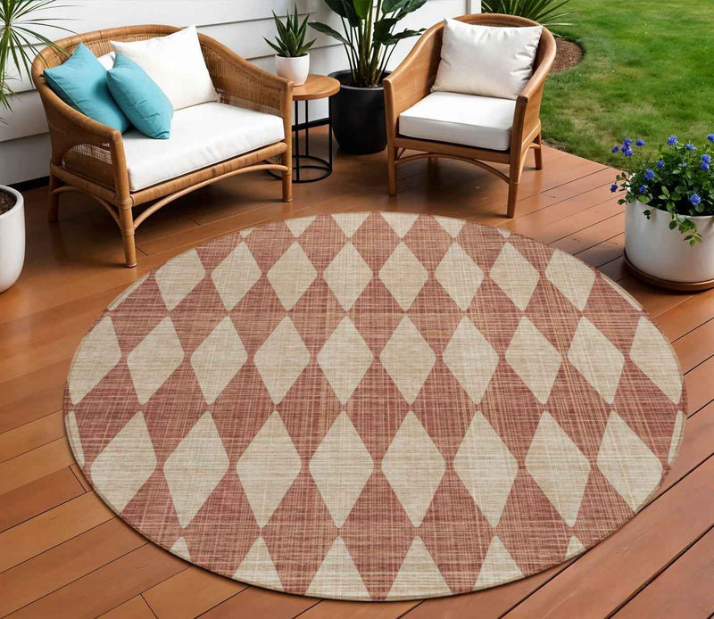 8' Orange And Copper Round Geometric Washable Indoor Outdoor Area Rug
