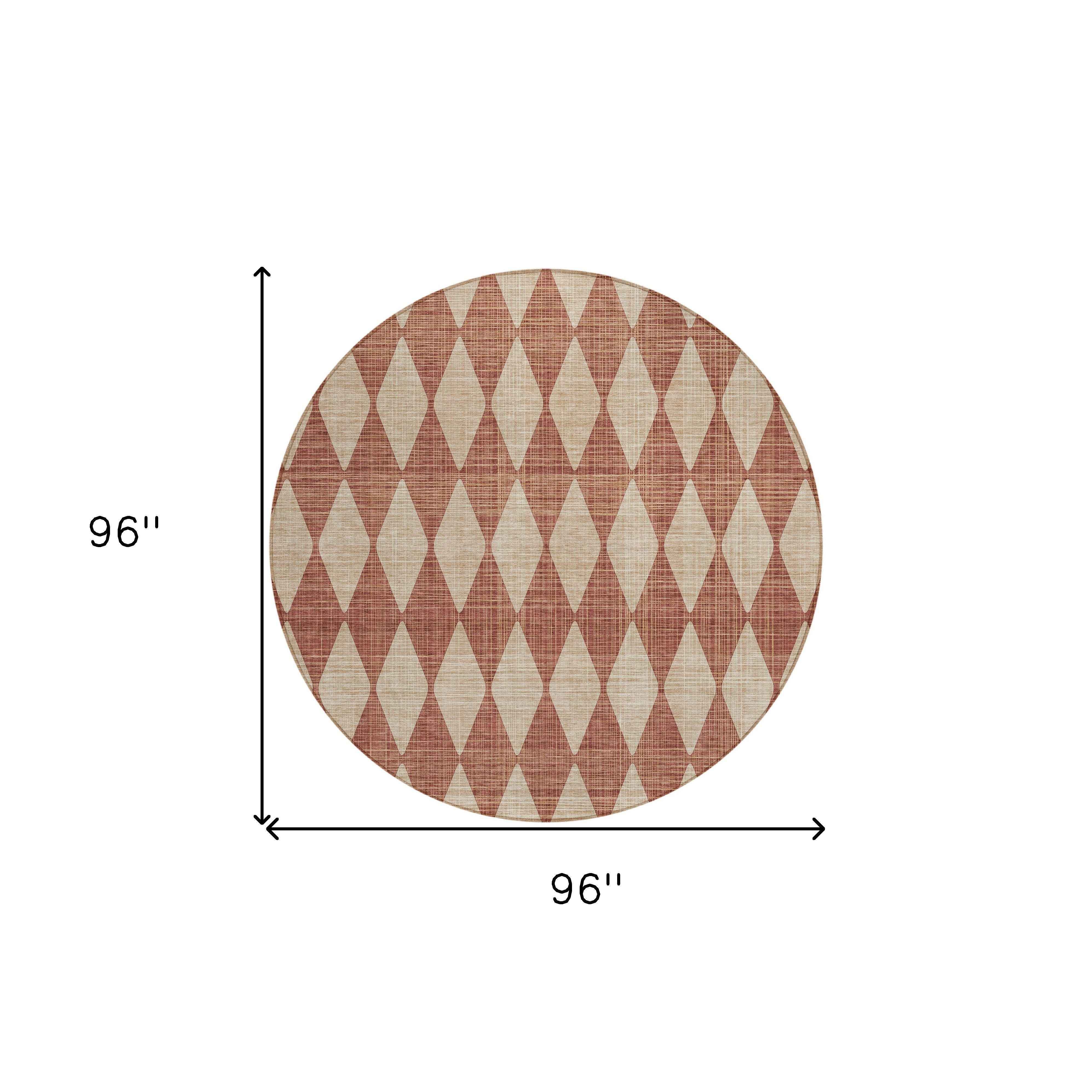 8' Orange And Copper Round Geometric Washable Indoor Outdoor Area Rug