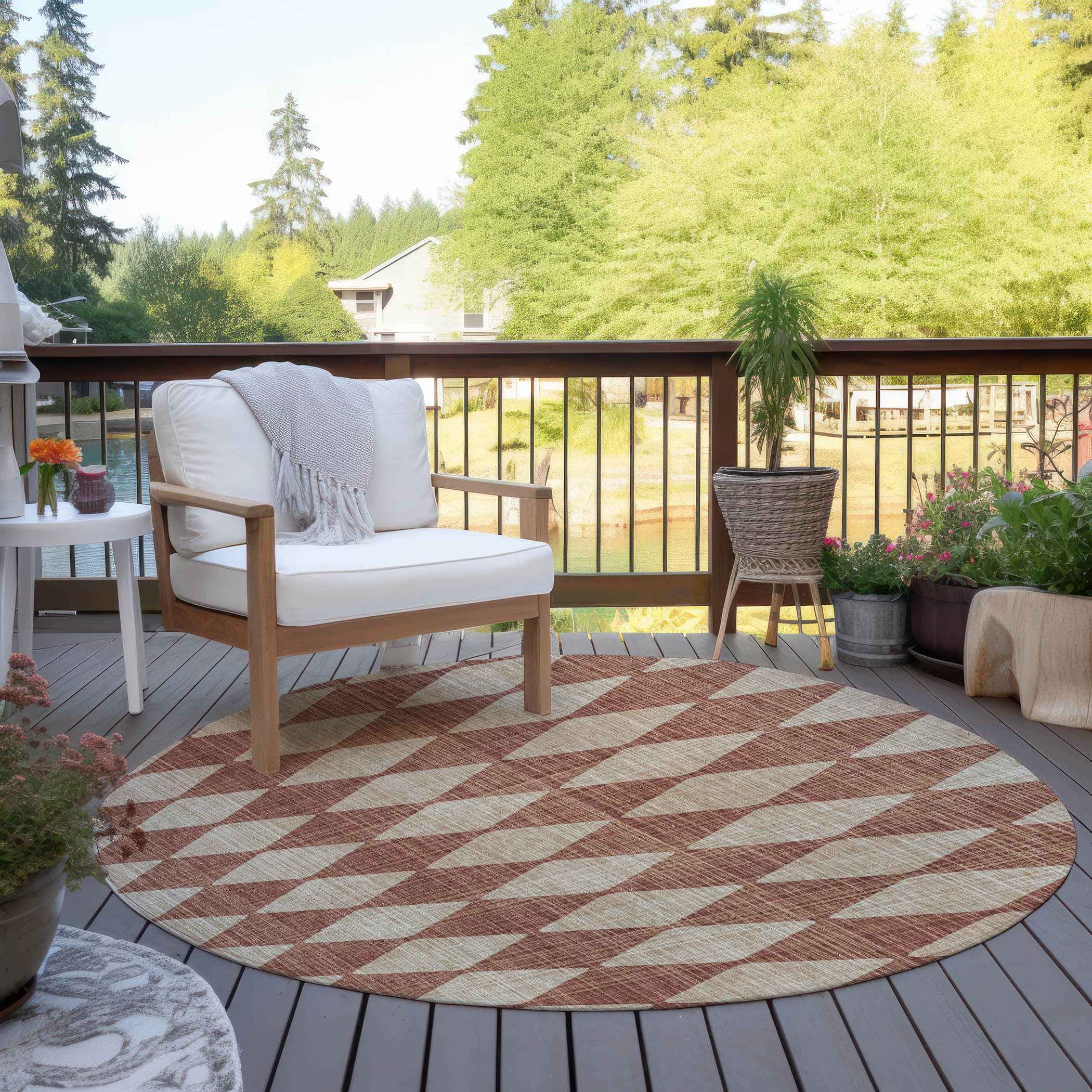 8' Orange And Copper Round Geometric Washable Indoor Outdoor Area Rug