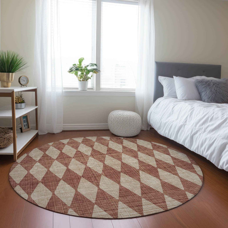 8' Orange And Copper Round Geometric Washable Indoor Outdoor Area Rug