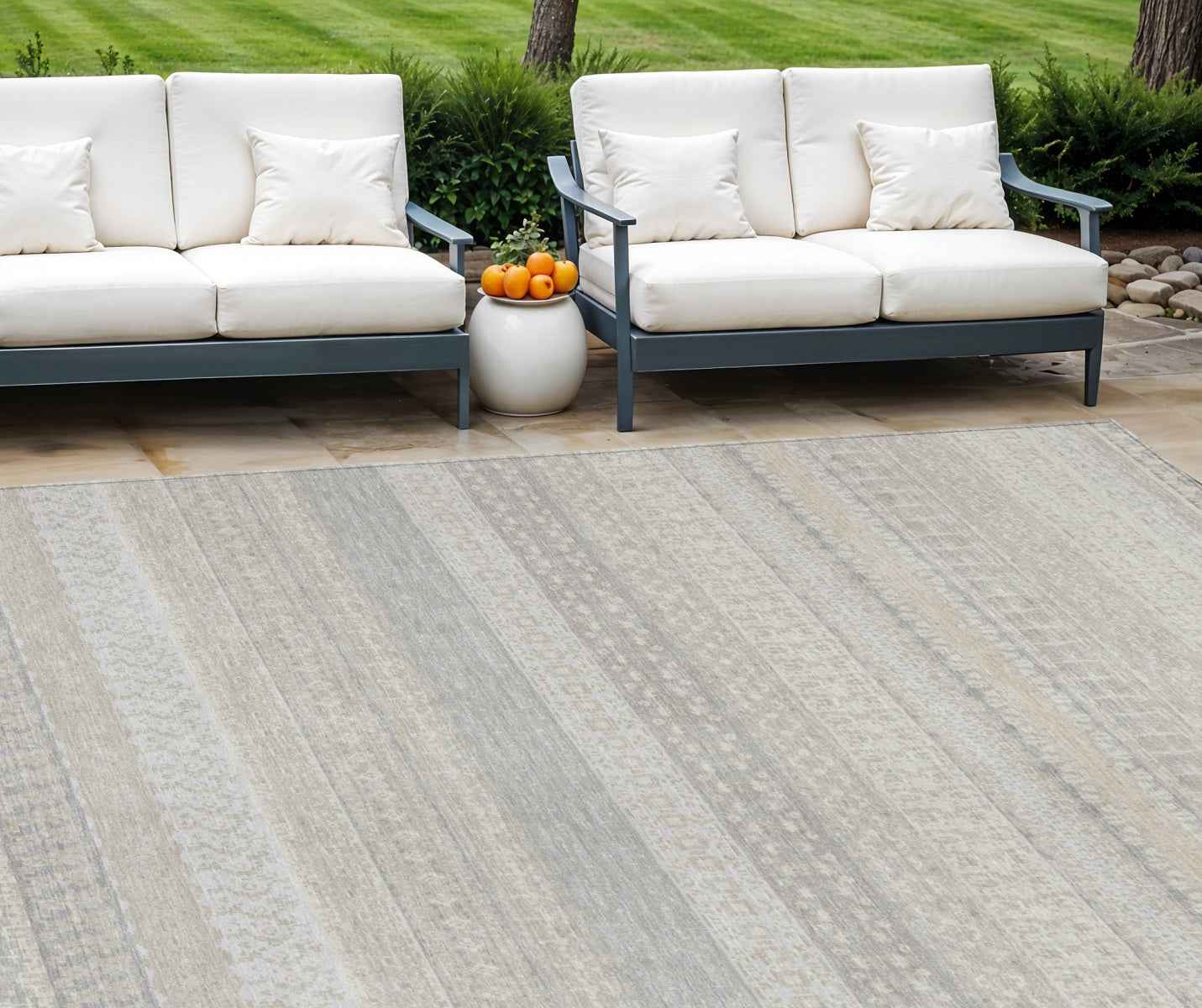 9' X 12' Ivory Striped Washable Indoor Outdoor Area Rug