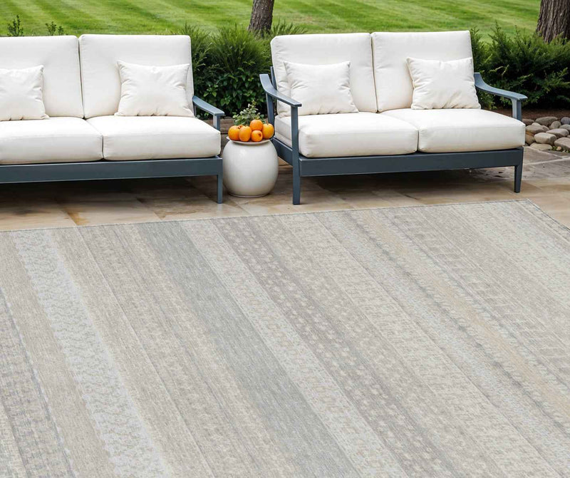 9' X 12' Ivory Striped Washable Indoor Outdoor Area Rug
