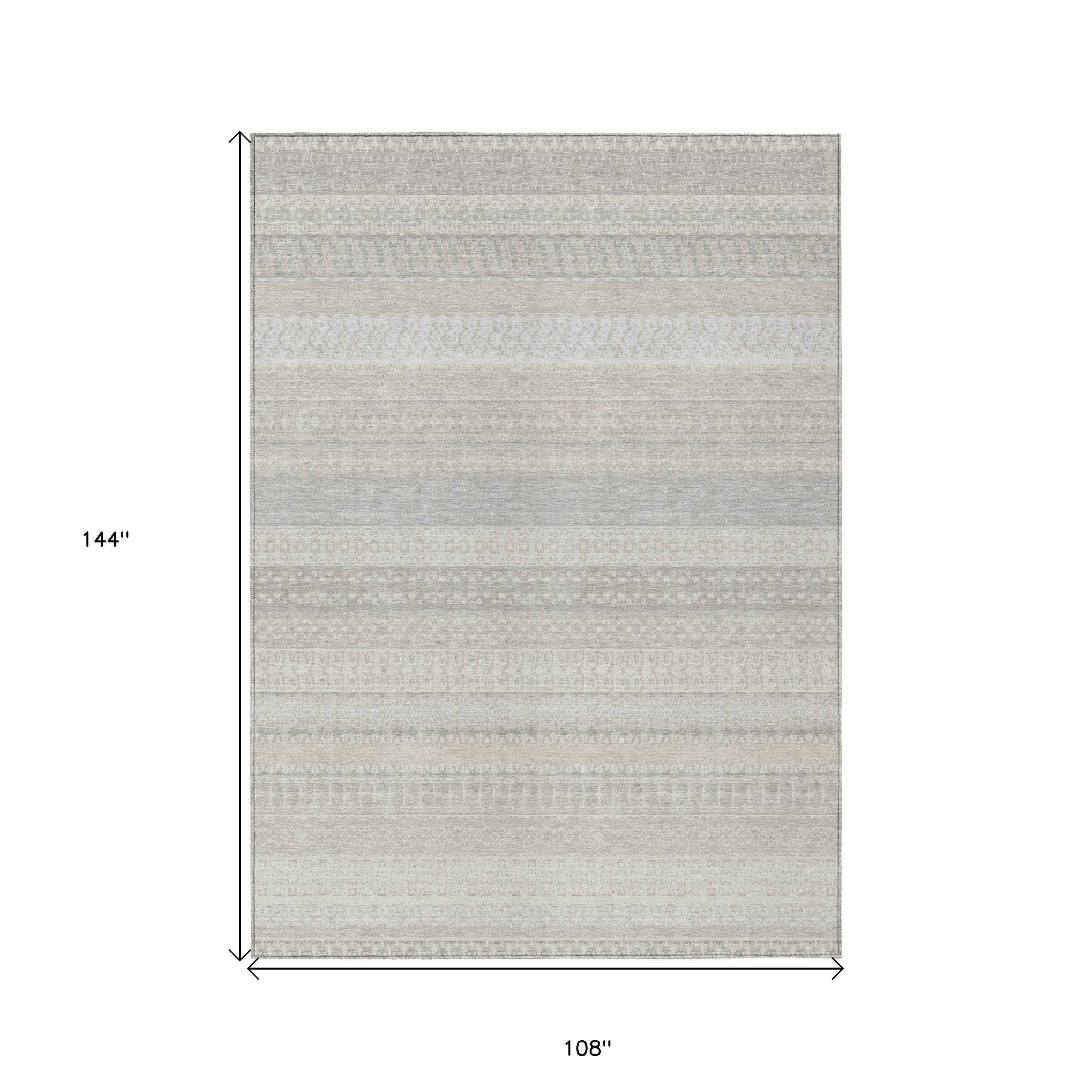 9' X 12' Ivory Striped Washable Indoor Outdoor Area Rug