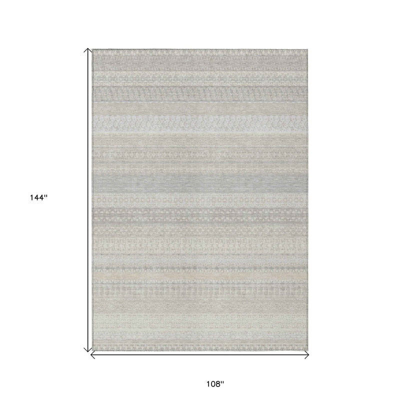 9' X 12' Ivory Striped Washable Indoor Outdoor Area Rug