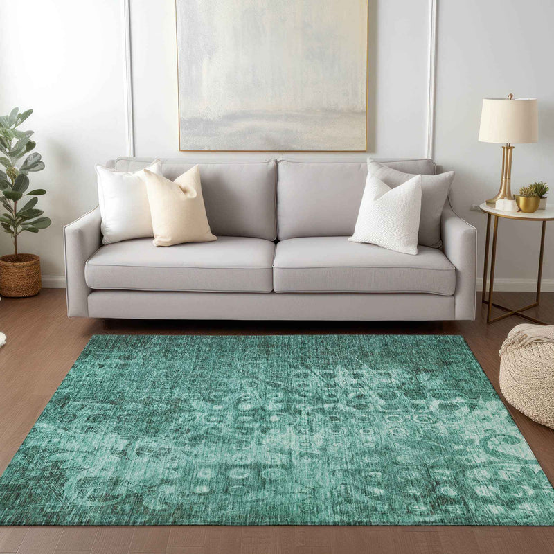 8' X 10' Teal Blue Ikat Washable Indoor Outdoor Area Rug