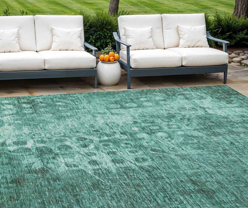 8' X 10' Teal Blue Ikat Washable Indoor Outdoor Area Rug