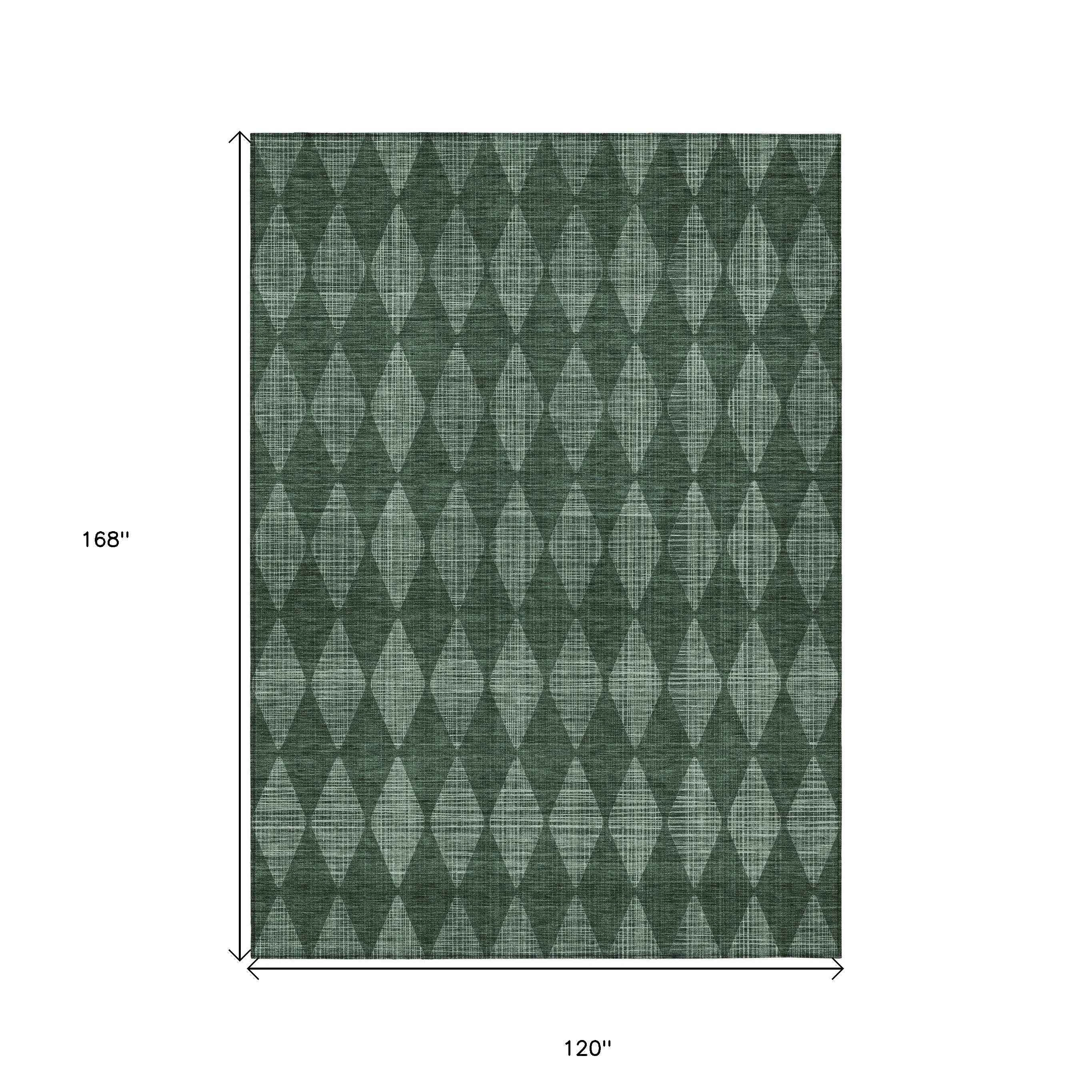 10' X 14' Olive Green And Charcoal Geometric Washable Indoor Outdoor Area Rug