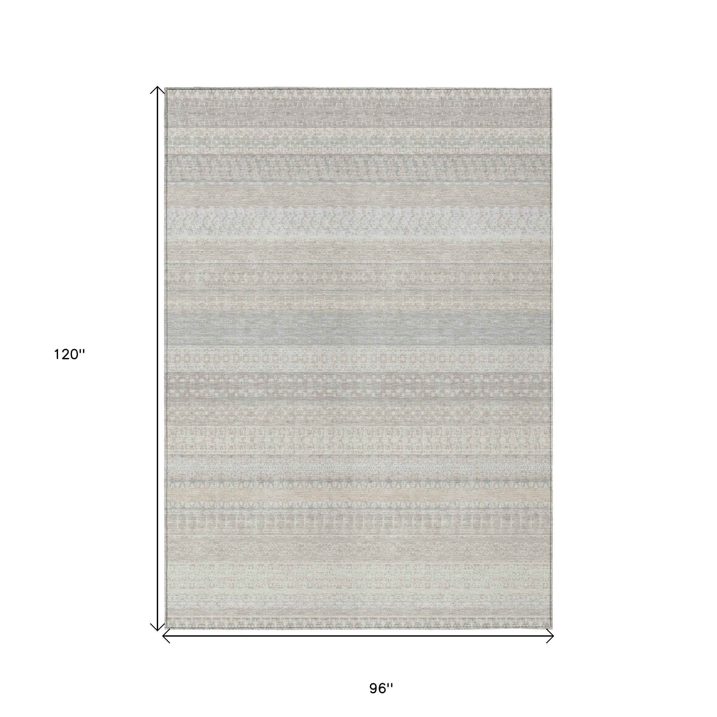 8' X 10' Ivory Striped Washable Indoor Outdoor Area Rug