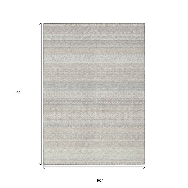 8' X 10' Ivory Striped Washable Indoor Outdoor Area Rug