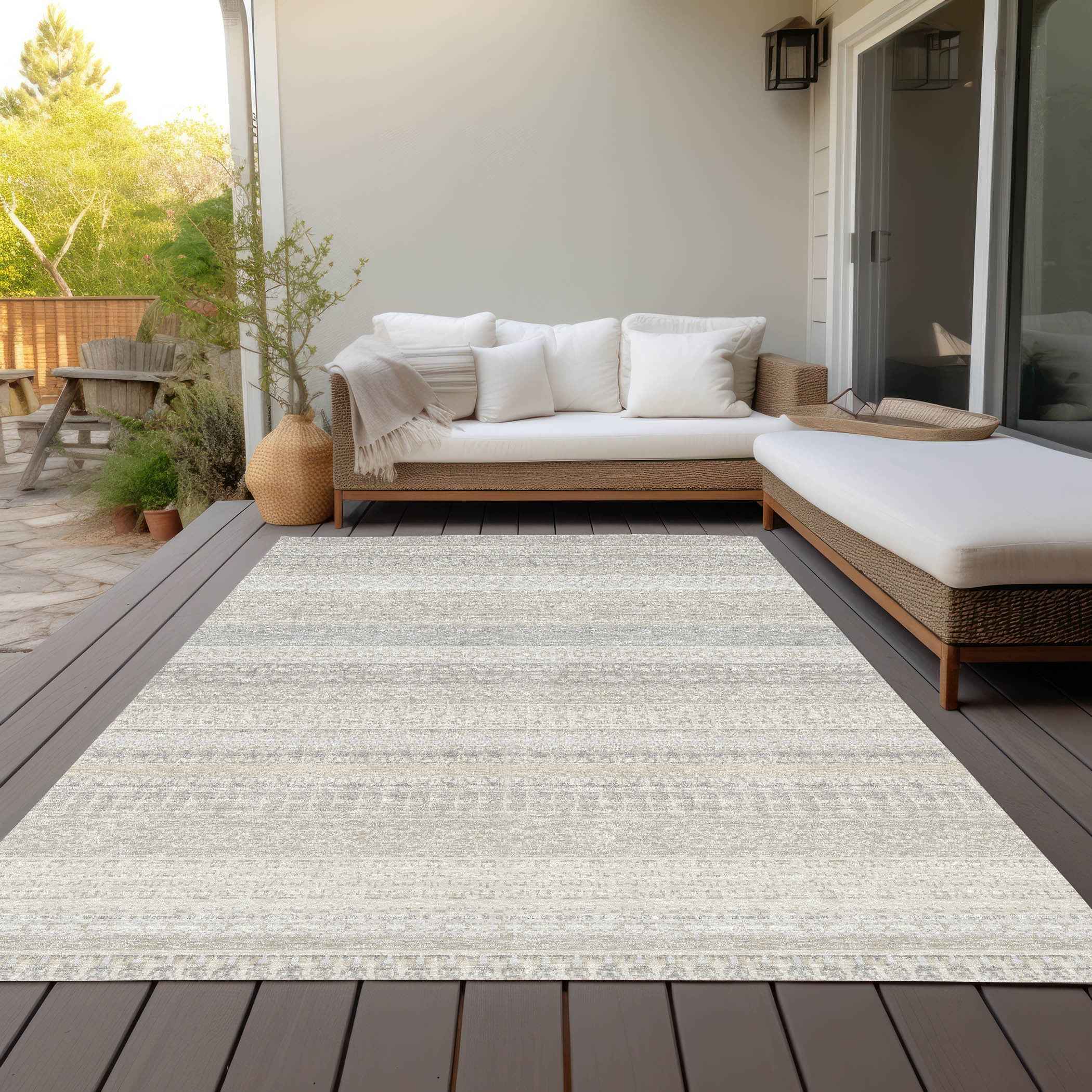 8' X 10' Ivory Striped Washable Indoor Outdoor Area Rug