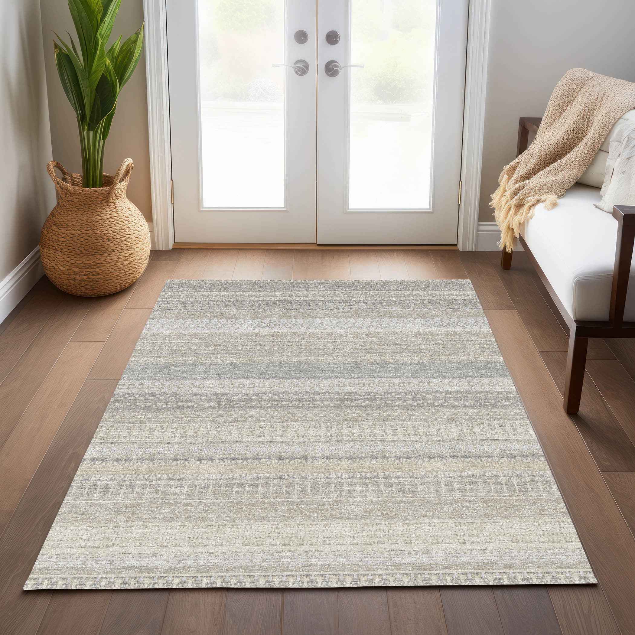 8' X 10' Ivory Striped Washable Indoor Outdoor Area Rug