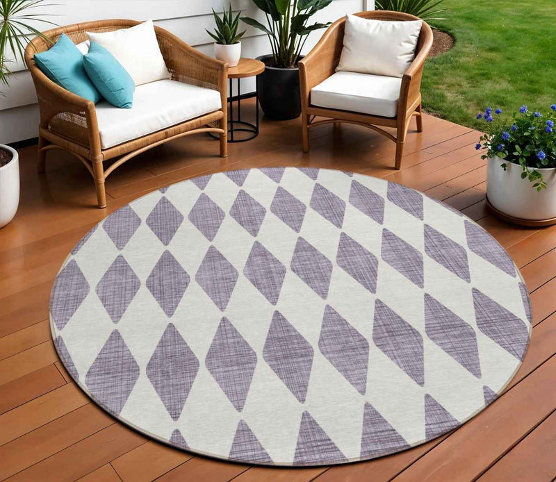 8' Purple And Lilac Round Geometric Washable Indoor Outdoor Area Rug