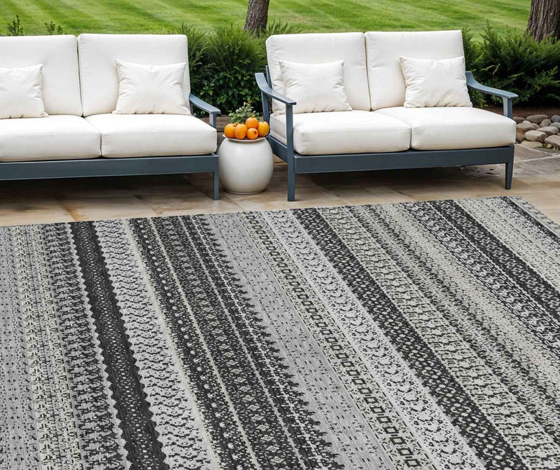 9' X 12' Black Striped Washable Indoor Outdoor Area Rug