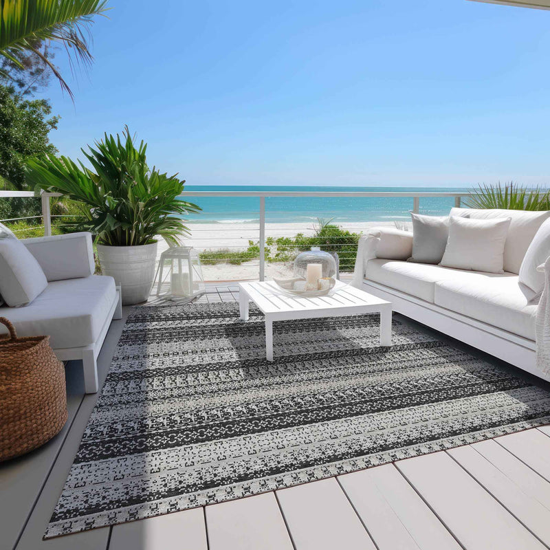 9' X 12' Black Striped Washable Indoor Outdoor Area Rug