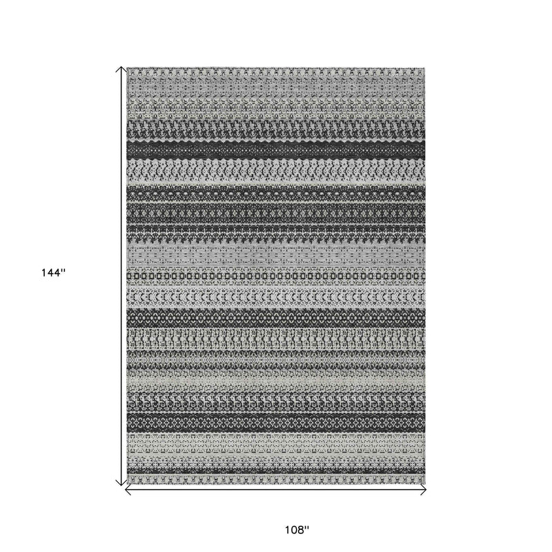 9' X 12' Black Striped Washable Indoor Outdoor Area Rug