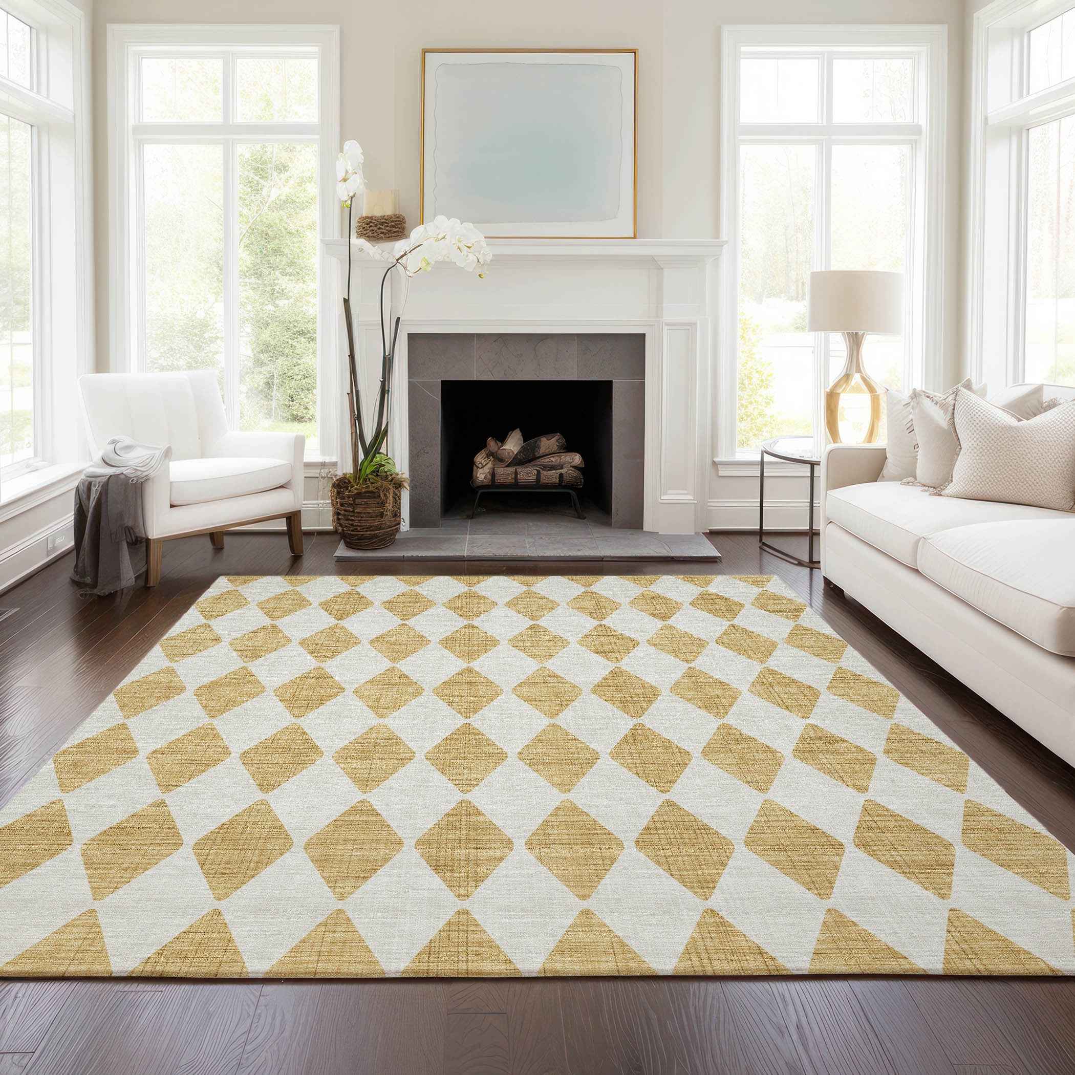 8' X 10' Gold And Light Brown Geometric Washable Indoor Outdoor Area Rug